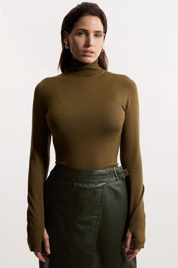 Viscose Blend Roll Neck Thumbhole Cuff Knit Jumper olive