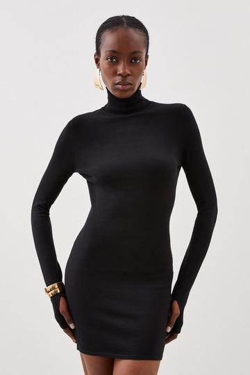 Viscose Blend Roll Neck Thumbhole Cuff Knit Mini Dress black