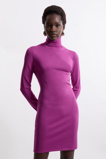 Purple Viscose Blend Roll Neck Thumbhole Cuff Knit Mini Dress