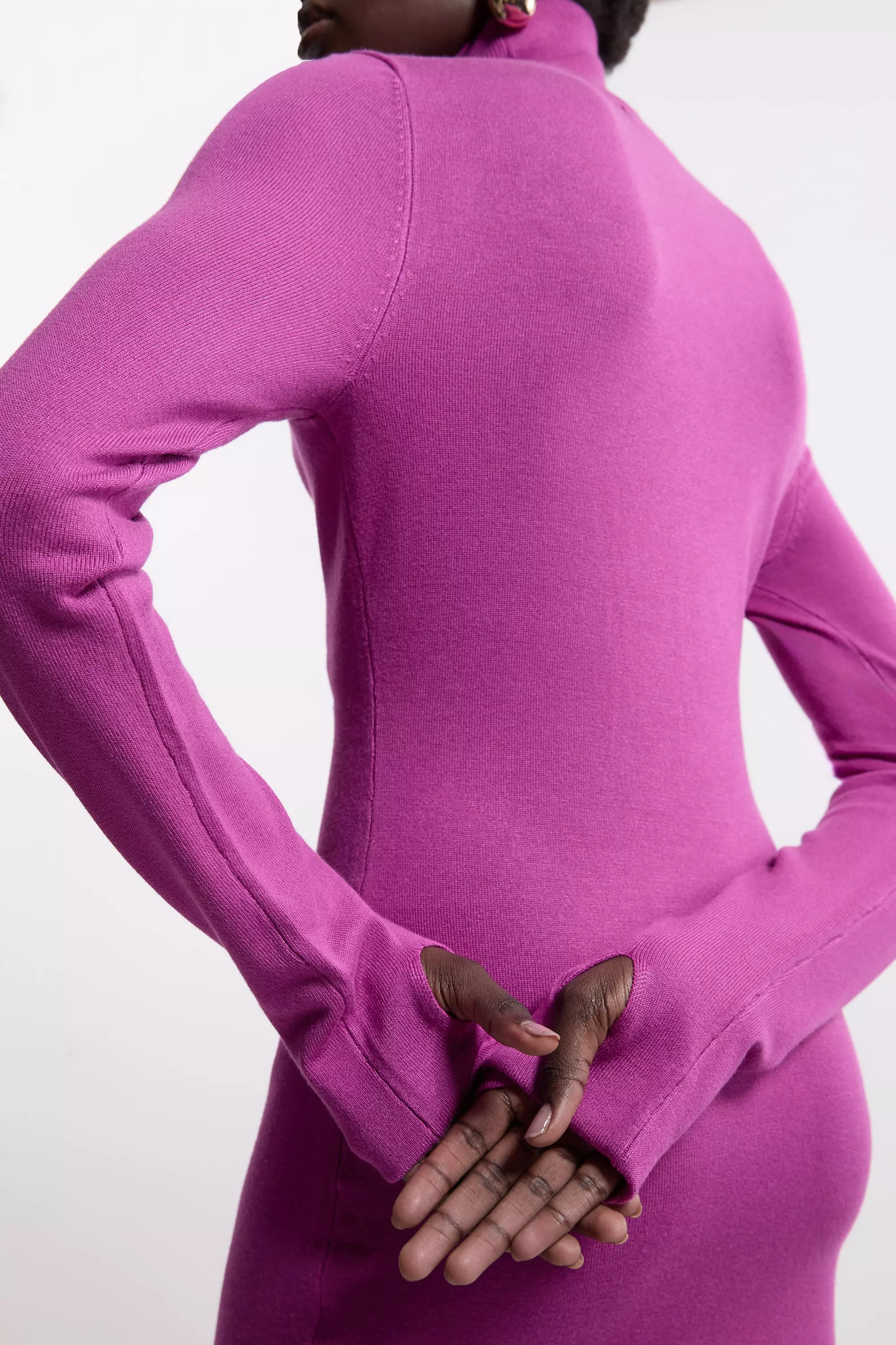 Viscose Blend Turtleneck Thumbhole Cuff Knit Mini Dress
