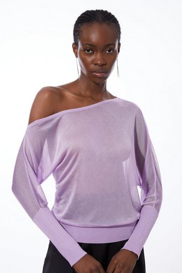 Sheer Knit Slinky Asymmetric Blouson Top lilac