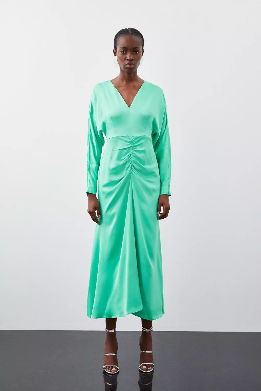 Midi dress with batwing sleeve and wrap waist in satin best sale