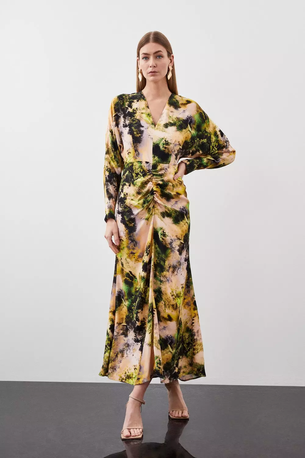 Abstract Print Viscose Satin Batwing Long Sleeve Midi Dress Karen Millen