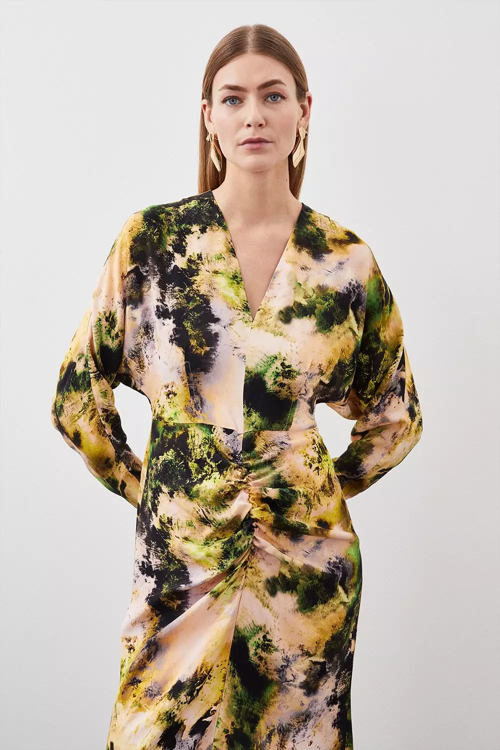 Abstract Print Viscose Satin Batwing Long Sleeve Midi Dress