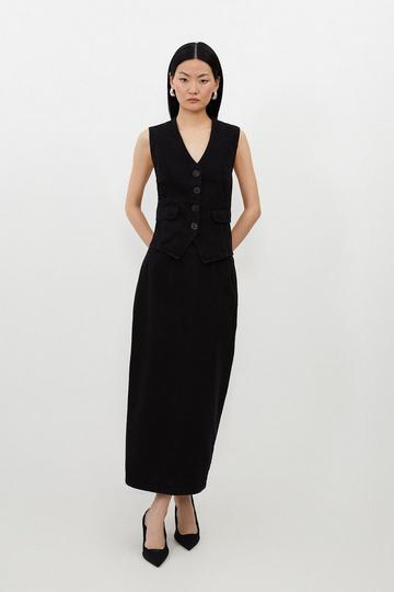 Black Contrast Stitch Detail Corset Waist Denim Midi Skirt
