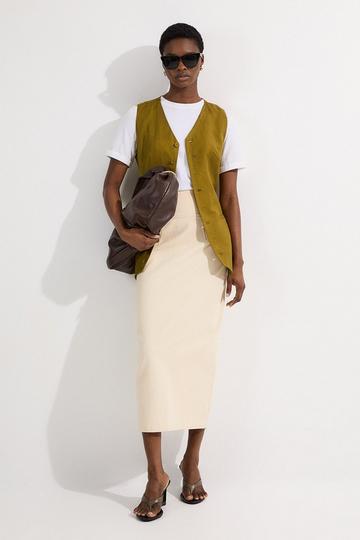 Corset Waist Denim Midi Skirt cream