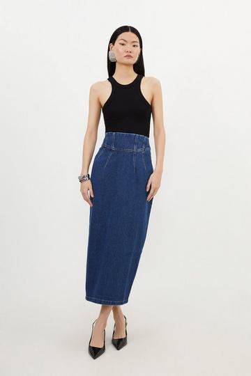 Blue Corset Waist Denim Midi Skirt