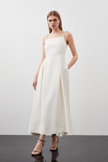 Polished Viscose Tailored Full Skirt Midi Dress ivory