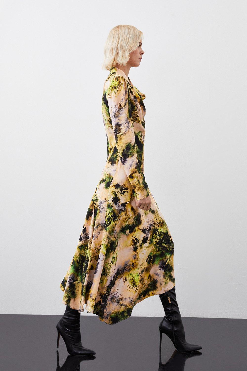 Abstract Print Viscose Satin Asymmetric Woven Maxi Dress | Karen 