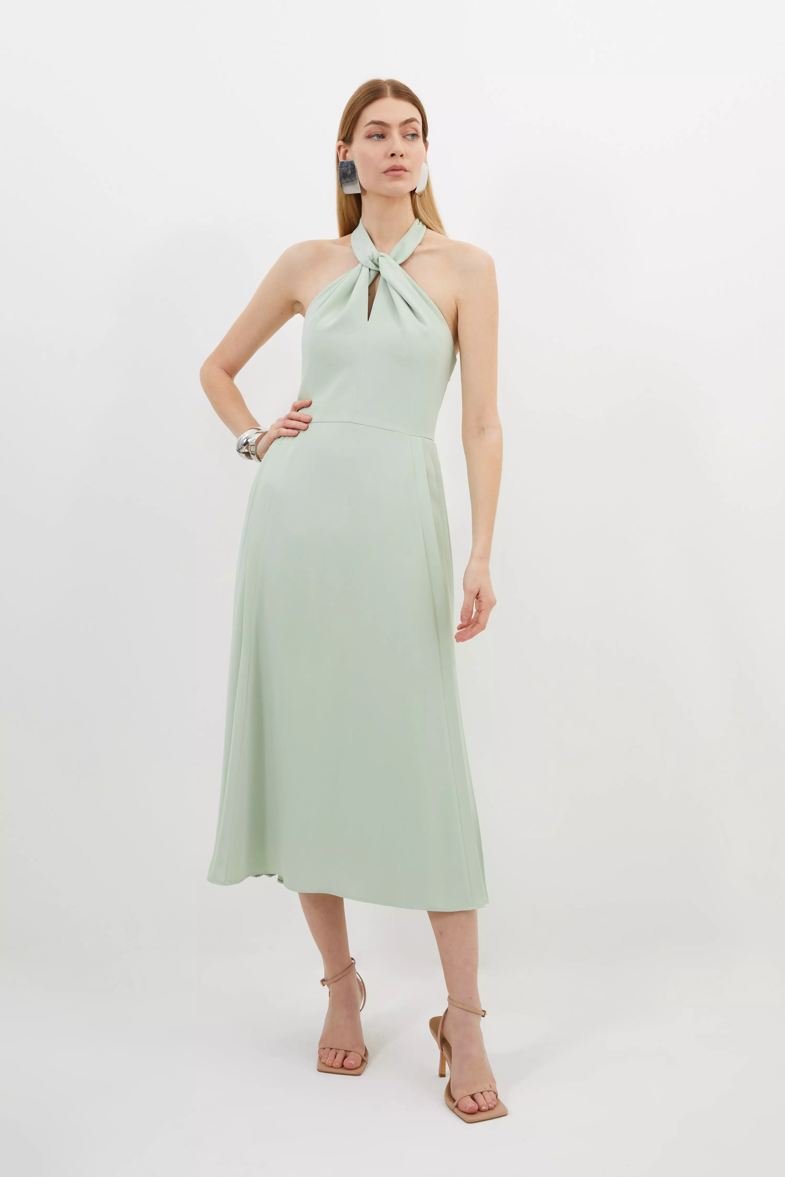 Petite Soft Tailored Halter Tie Neck Pleat Detail Midi Dress Karen Millen