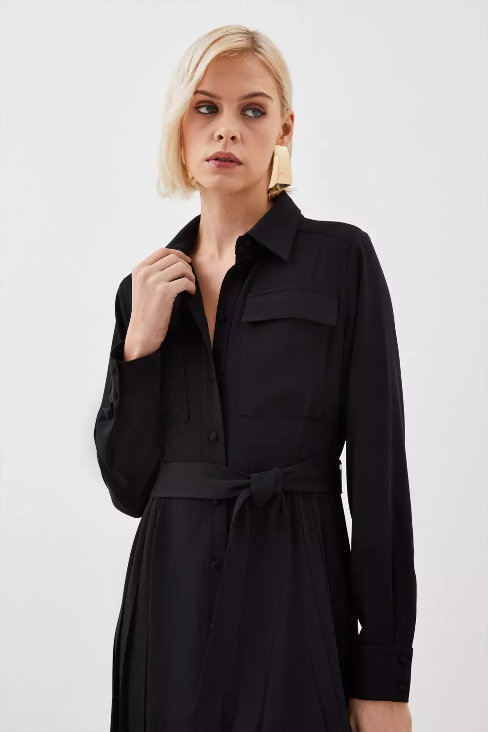 Petite Soft Tailored Pleated Pocket Detail Midi Shirt Dress Karen Millen