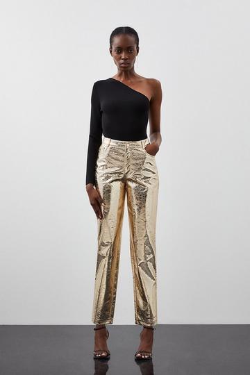 Gold Metallic Petite Metallic Faux Leather Straight Pants