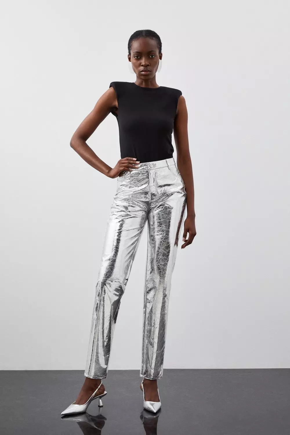 Petite Metallic Faux Leather Straight Trousers Karen Millen