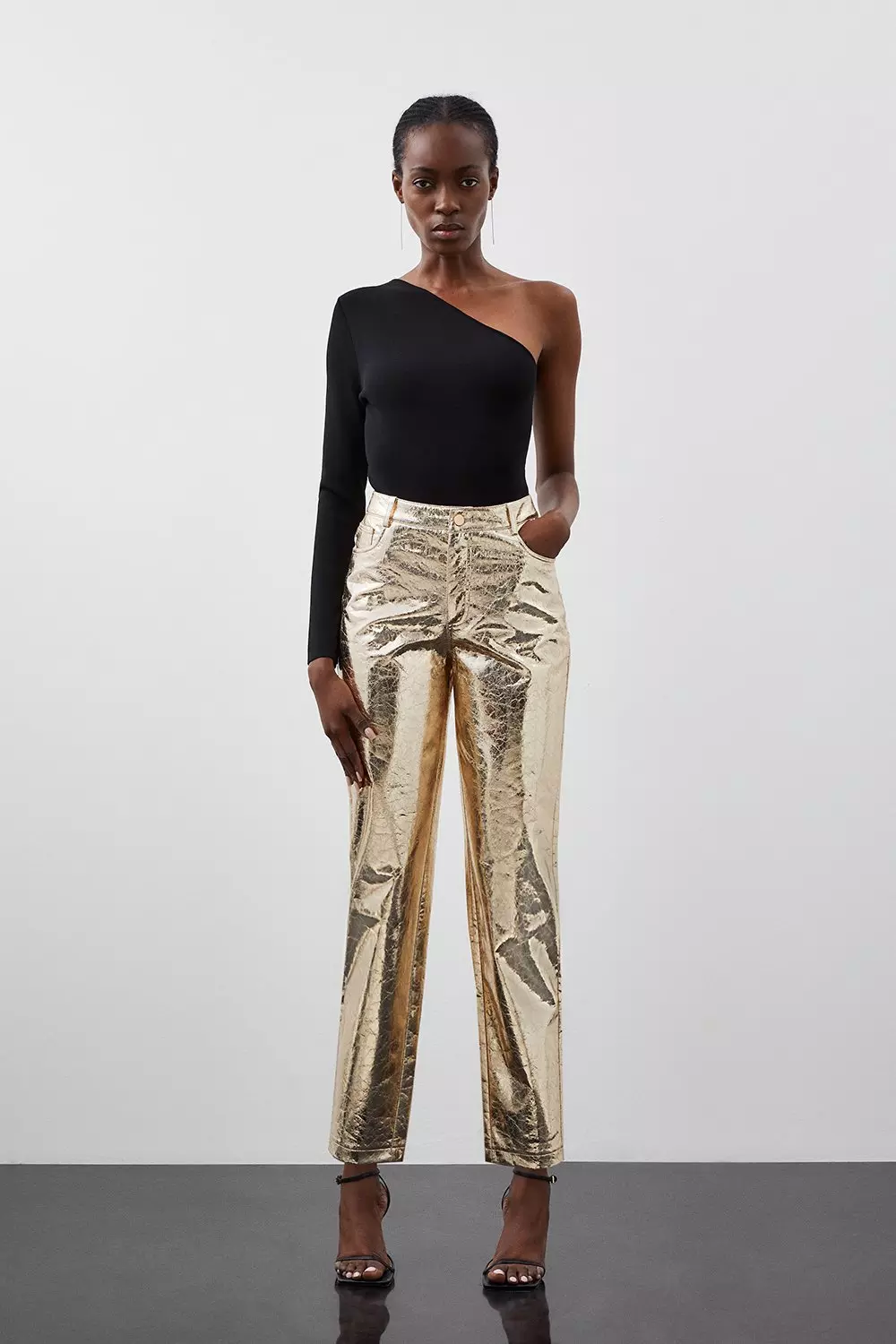 Tall Metallic Faux Leather Straight Trousers | Karen Millen