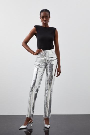 Silver Tall Metallic Faux Leather Straight Pants