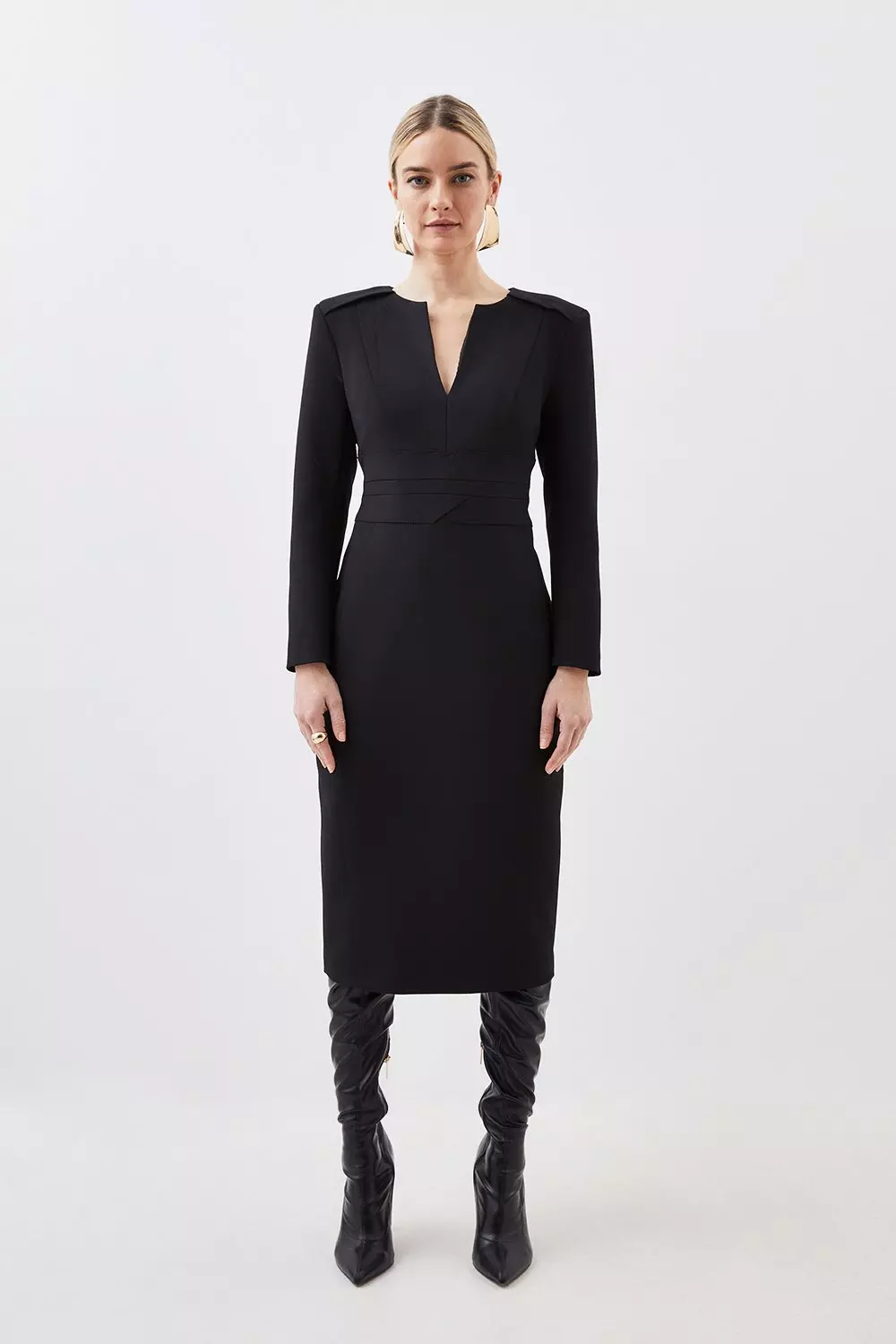 Petite Compact Stretch Waist Detail Tailored Midi Dress Karen Millen