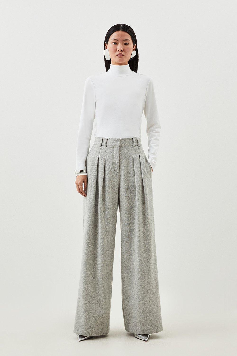 Pale grey Tailored Wool Blend Double Faced Wide Leg Trousers 