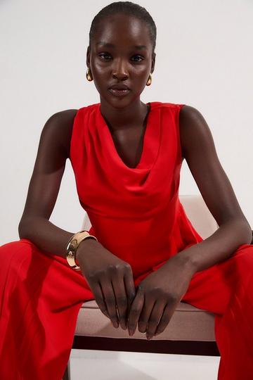 Soft Tailored Off Shoulder Pleat Detail Jumpsuit red