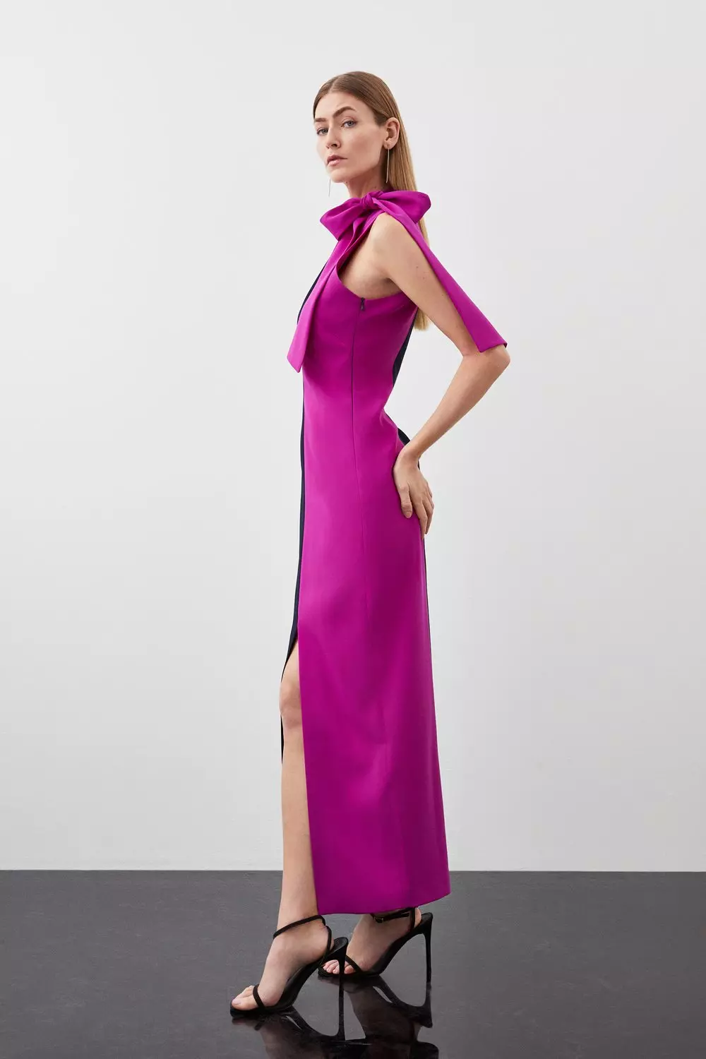 Soft Tailored Color Block Tie Neck Midi Dress | Karen Millen