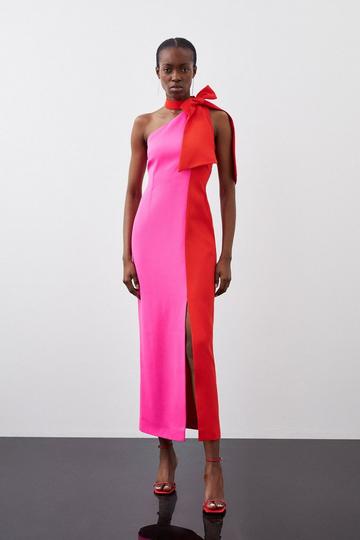 Pink Soft Tailored Colour Block Tie Neck Midi Dress