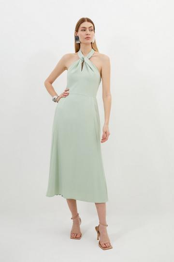 Soft Tailored Halter Tie Neck Pleat Detail Midi Dress sage