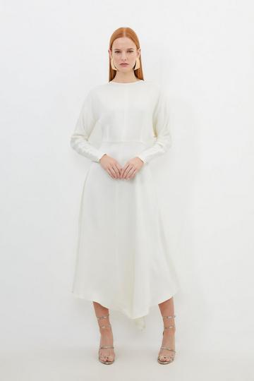 Cream White Petite Satin Crepe Woven Midi Dress