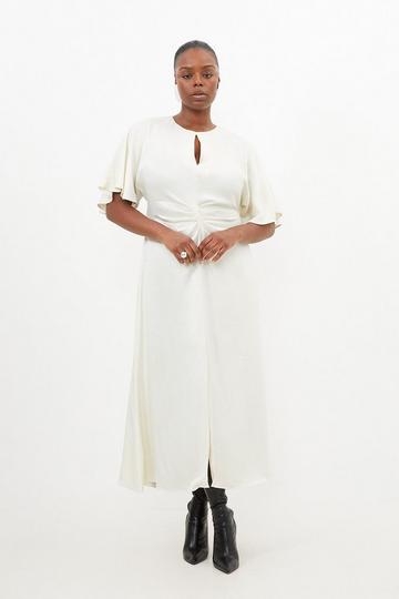Cream White Plus Size Satin Crepe Woven Angel Sleeve Midi Dress