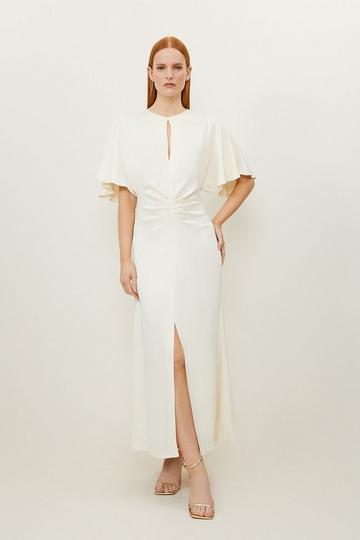 Cream White Satin Crepe Woven Angel Sleeve Midi Dress