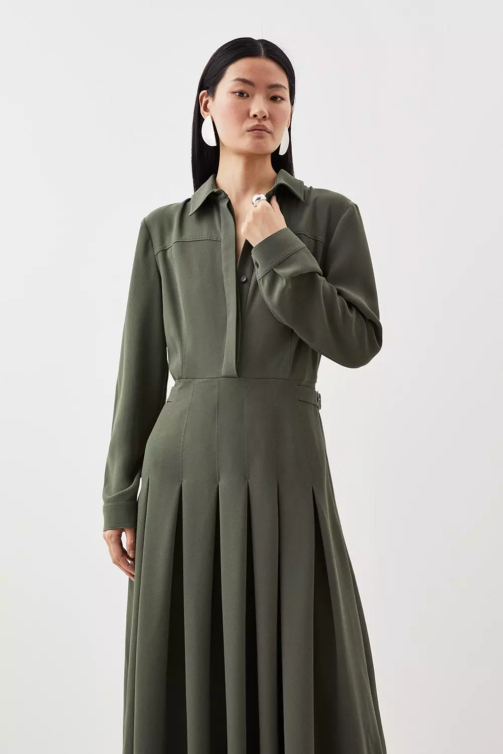 Petite Tailored Crepe Pleated Shirt Dress | Karen Millen