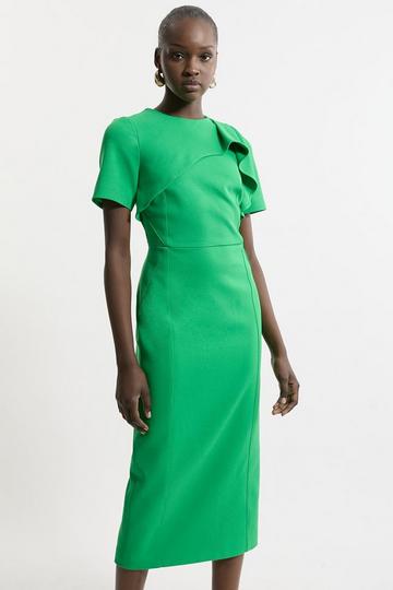 Tailored Structured Crepe Ruffle Detail Pencil Midi Dress bright green