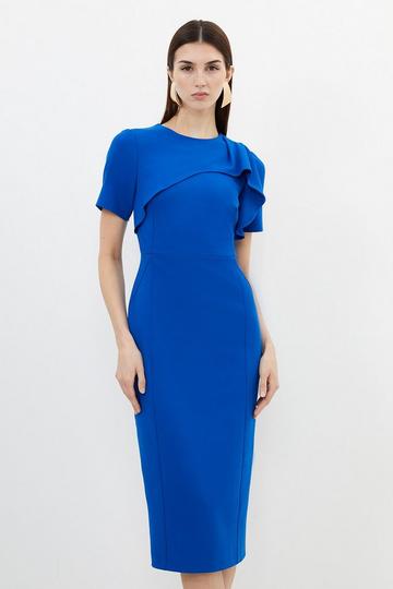 Tailored Structured Crepe Ruffle Detail Pencil Midi Dress cobalt