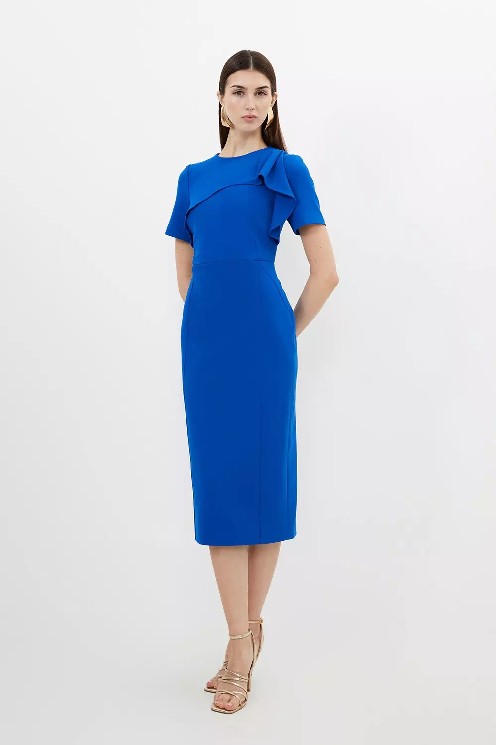 Tailored Structured Crepe Ruffle Detail Pencil Midi Dress