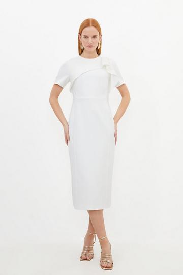 Tailored Structured Crepe Ruffle Detail Pencil Midi Dress ivory