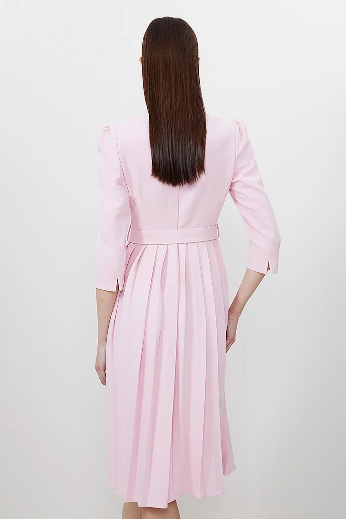 Tailored Structured Crepe High Neck Pleated Midi Dress Tailored Structured Crepe High Neck Pleated Midi Dress
