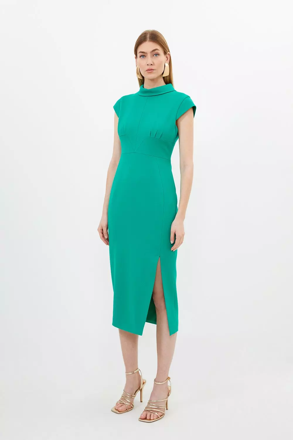 Tailored Structured Crepe High Neck Cap Sleeve Midi Dress Karen Millen