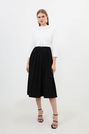 Tailored Structured Crepe Roll Neck Pleated Midi Dress mono