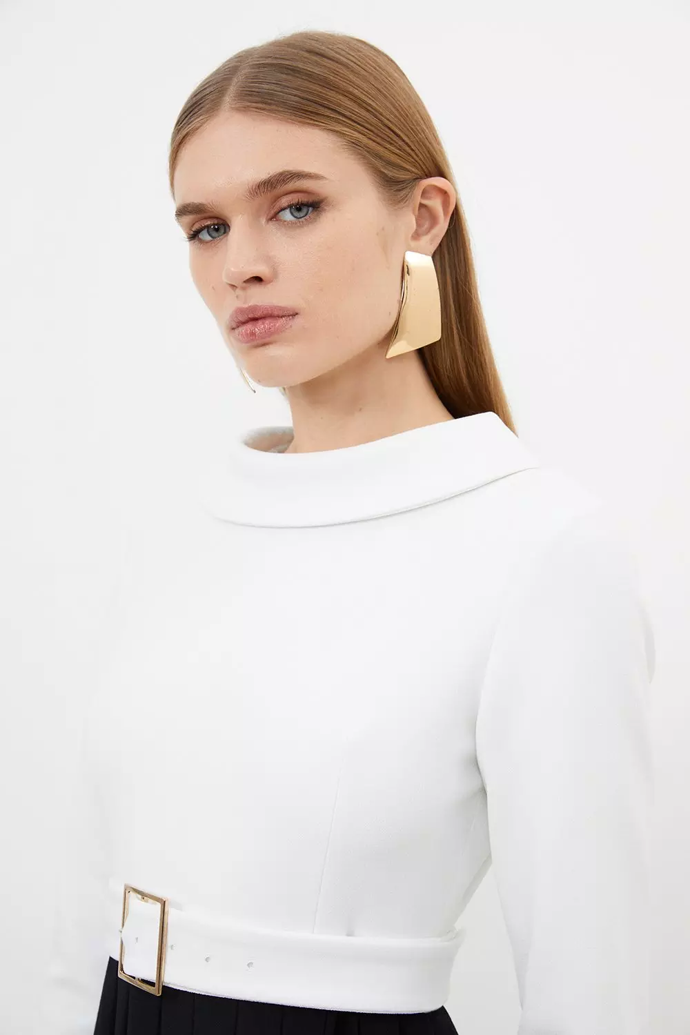 Tailored Structured Crepe Turtleneck Pleated Midi Dress