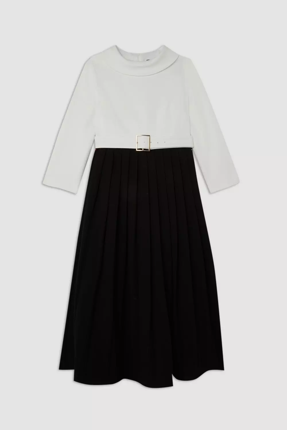 Tailored Structured Crepe Turtleneck Pleated Midi Dress
