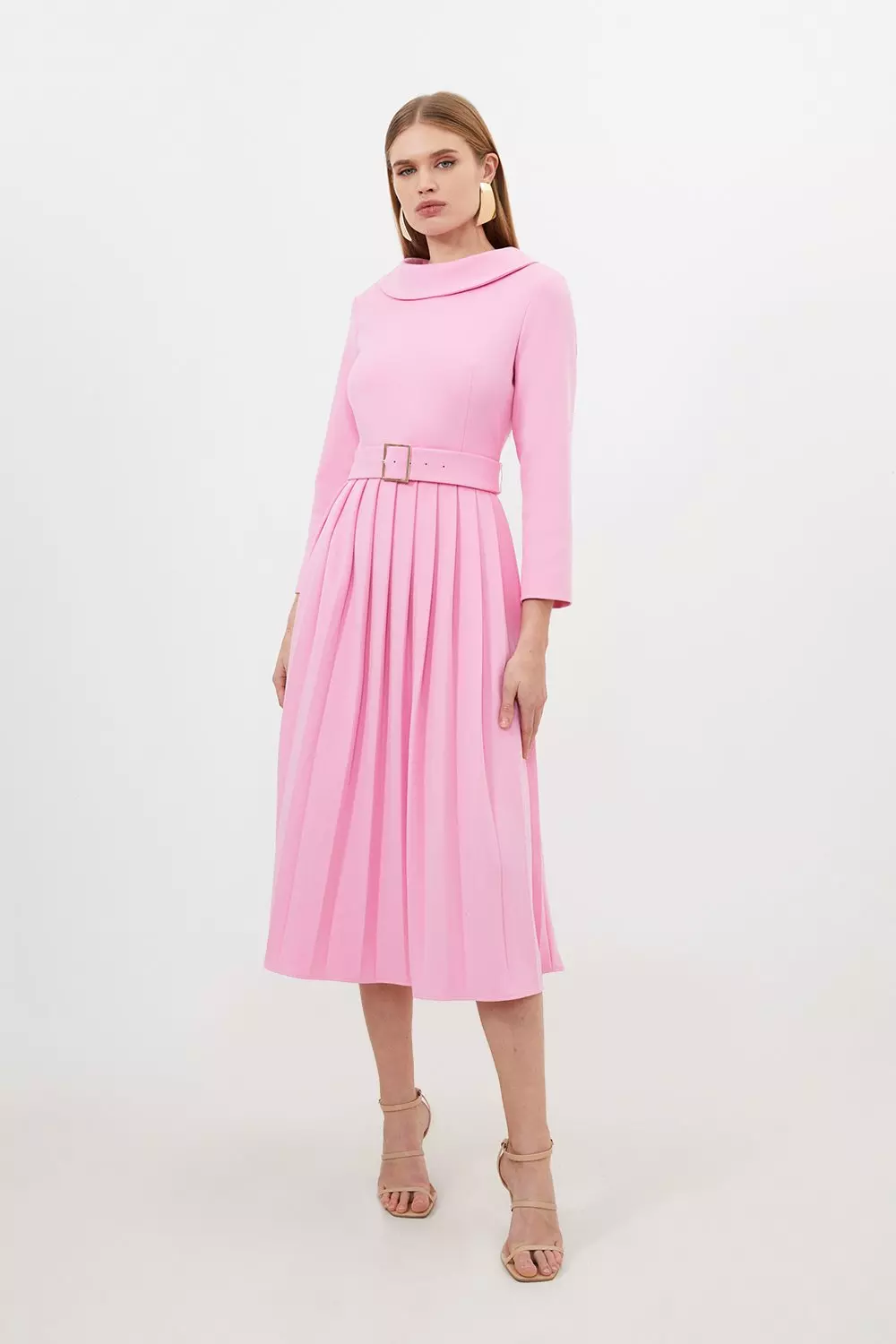 Tailored Structured Crepe Roll Neck Pleated Midi Dress Karen Millen