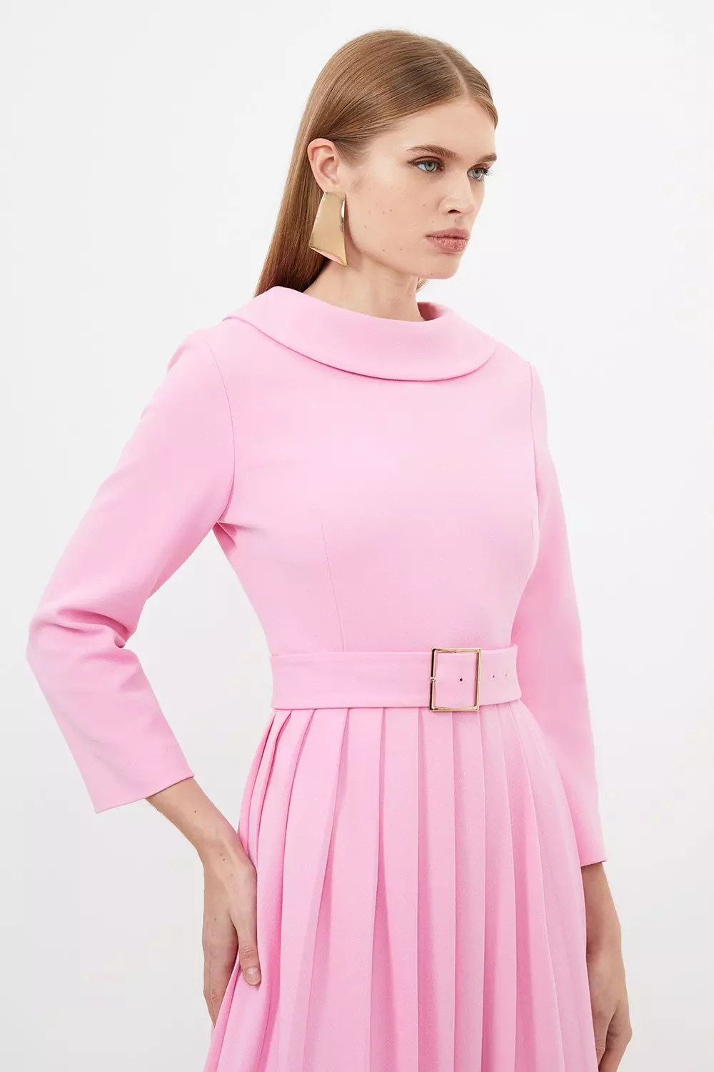 Pink Tailored Structured Crepe Roll Neck Pleated Midi Dress alternative image
