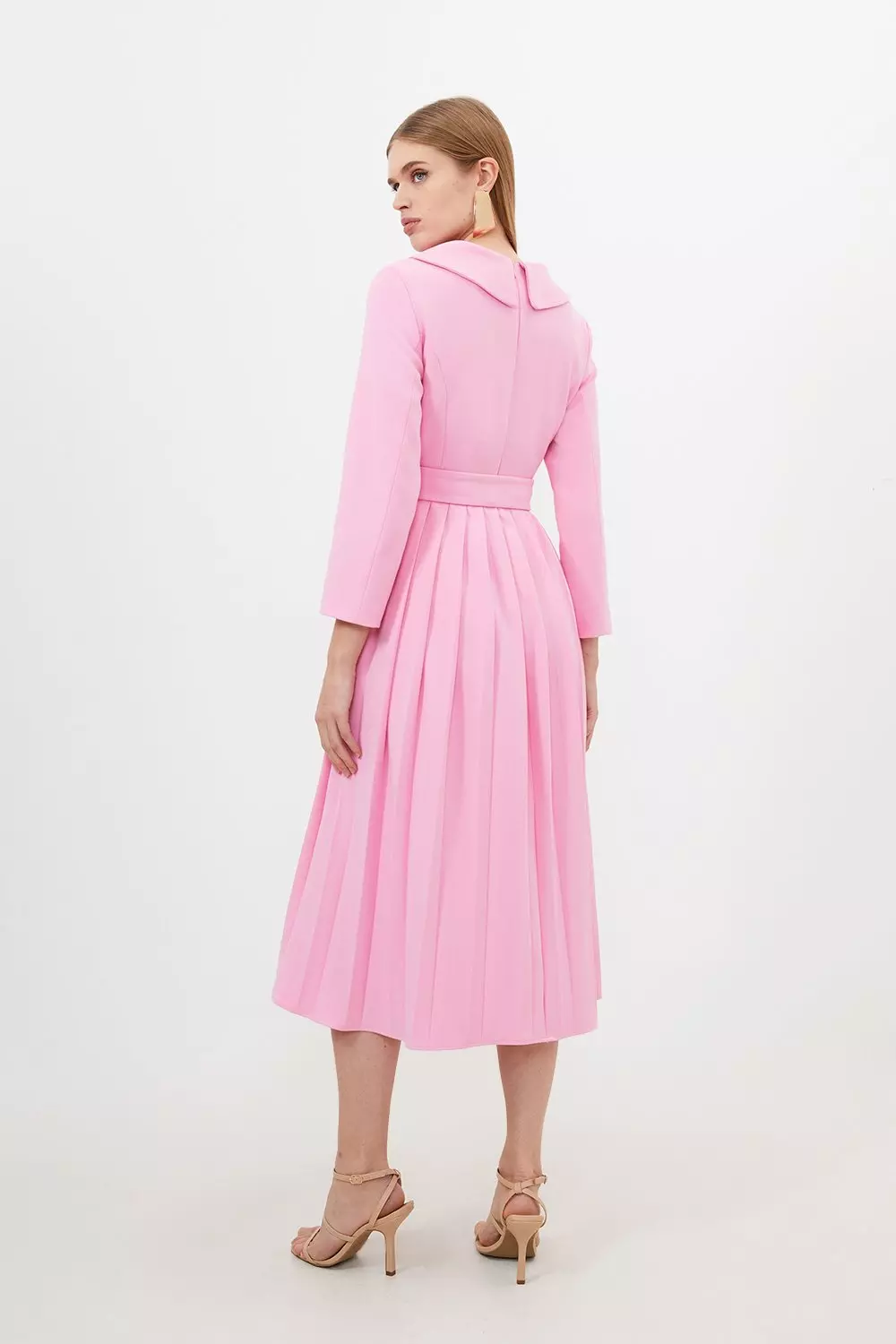 Pink Tailored Structured Crepe Roll Neck Pleated Midi Dress alternative image