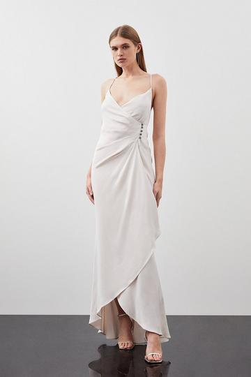 Premium Ruched Slip Woven Maxi Dress silver