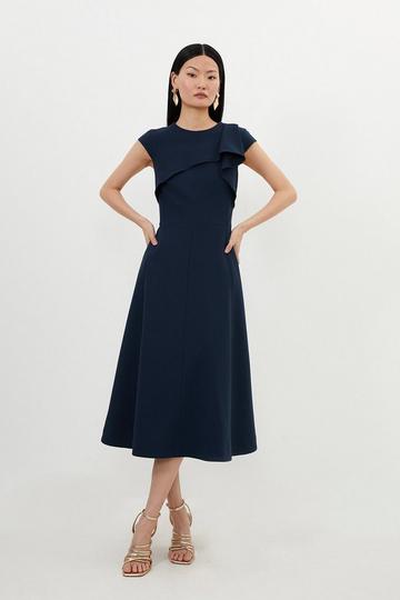 Tailored Crepe Drape Shoulder Full Skirt Midi Dress navy