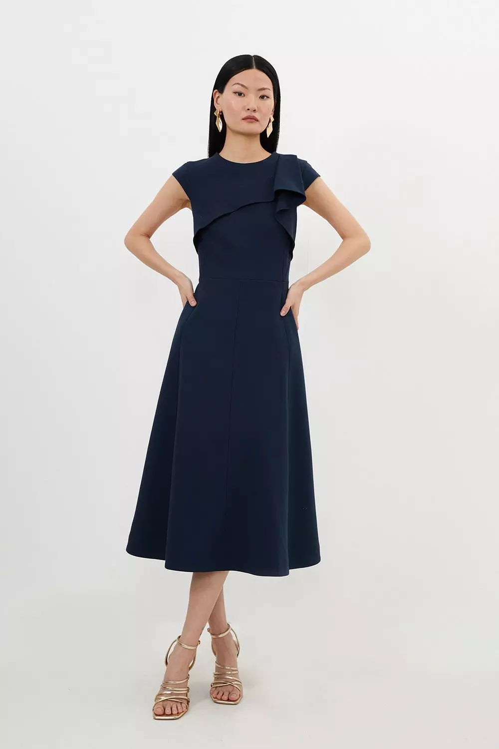 Tailored Crepe Drape Shoulder Full Skirt Midi Dress Karen Millen