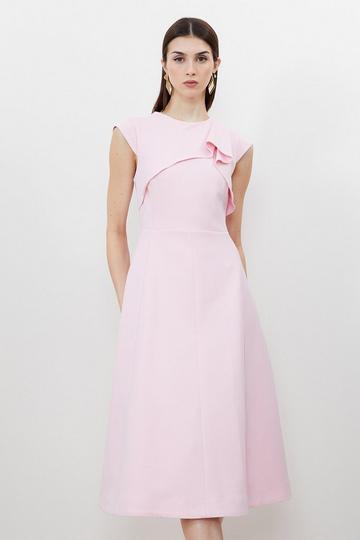 Pink Tailored Crepe Drape Shoulder Full Skirt Midi Dress