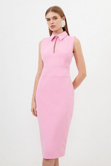 Pink Stretch Crepe Cut Out Detail Collared Tailored Midi Dress