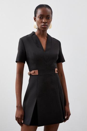 Black Compact Stretch Tab Detail Pleated Mini Dress