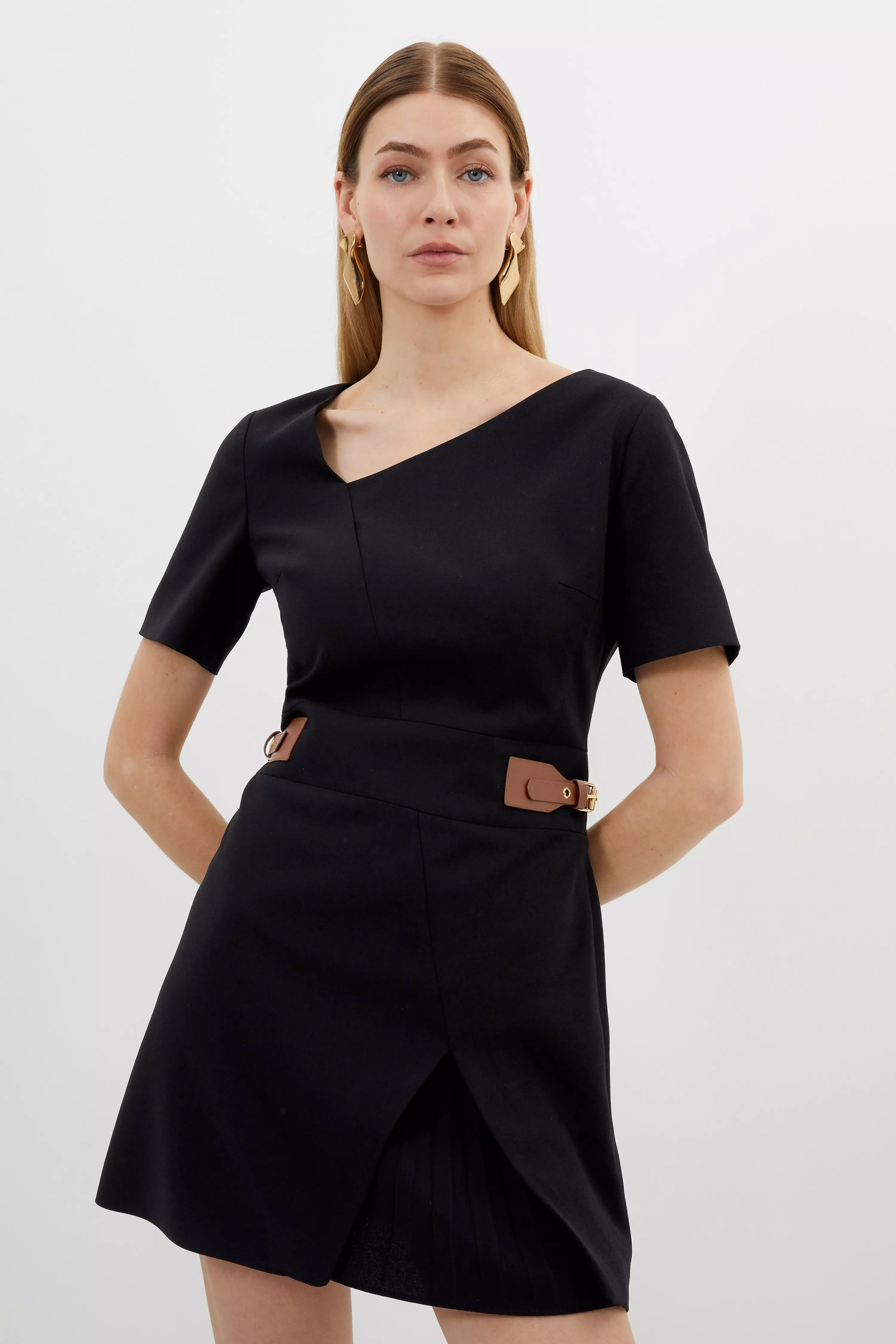 Tailored Crepe Asymmetric Neckline Pleated Midi Dress Karen Millen