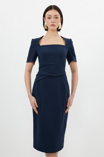 Tailored Structured Crepe Drape Square Neck Midi Dress navy