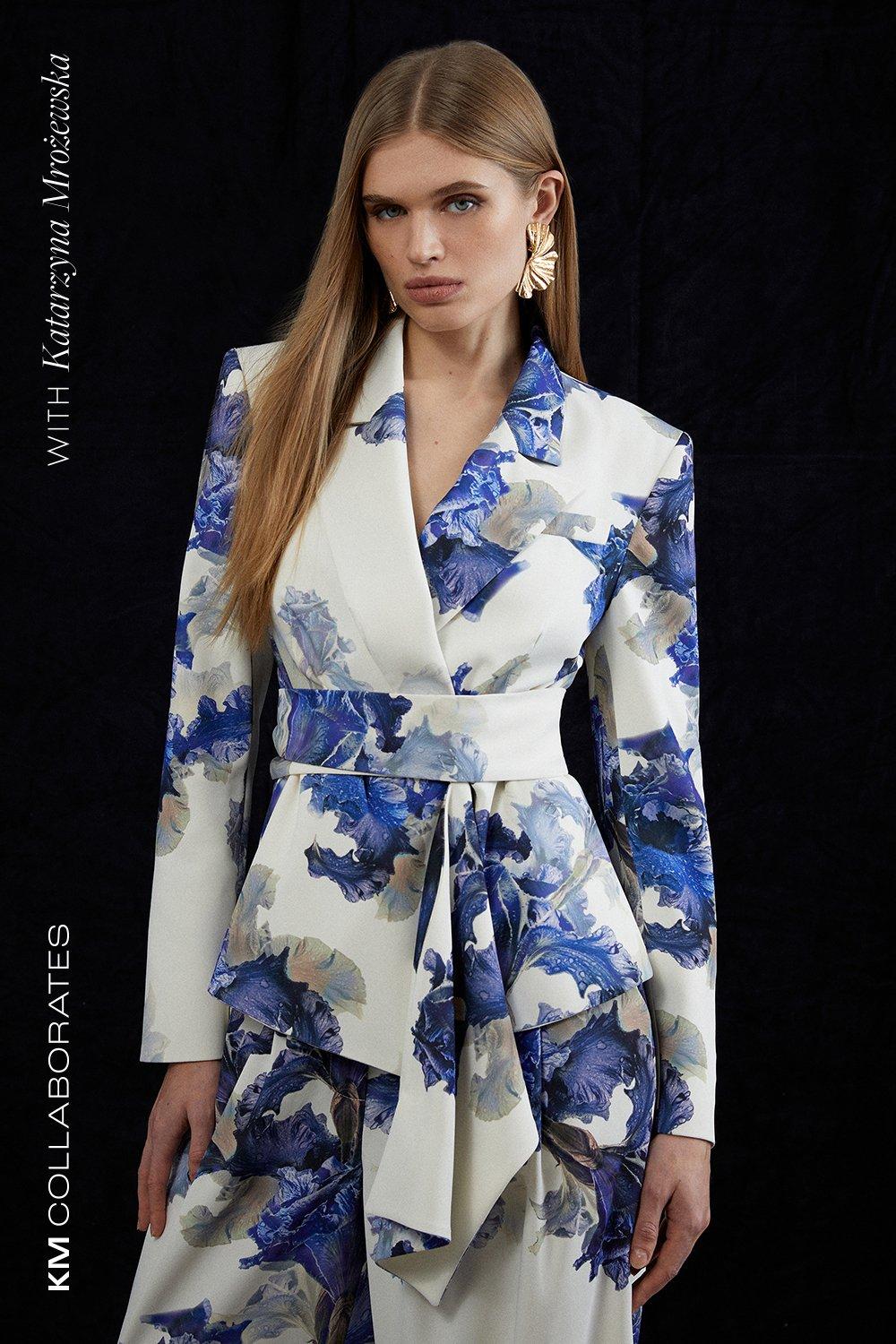 Multi Tailored Crepe Printed Drape Detail Blazer 